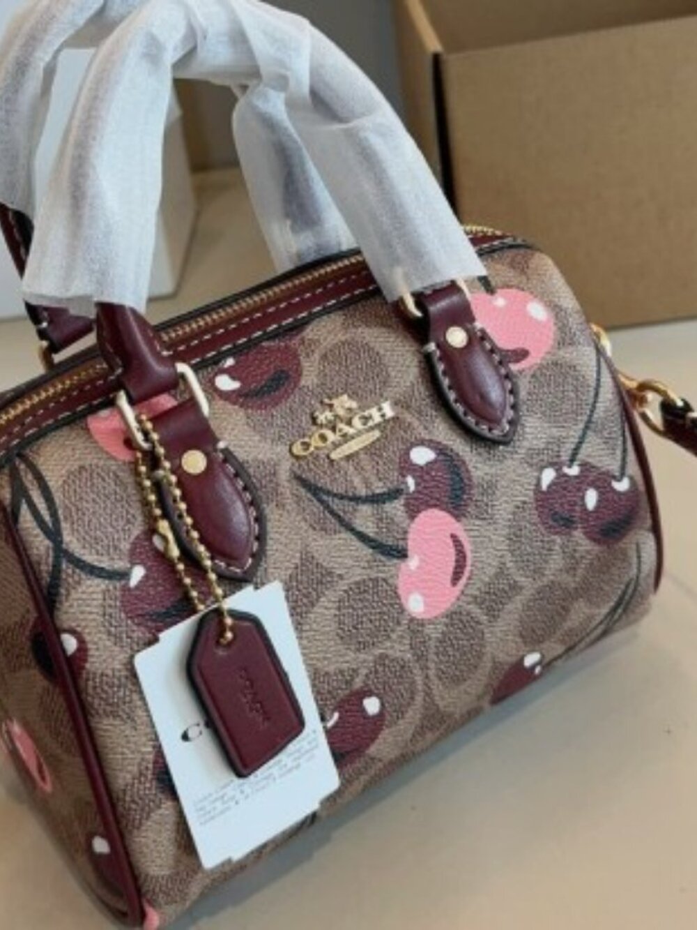 NWT COACH Rowan mini–Satchel Bag In Signature Canvas with Cherry Print - Picture 8 of 9
